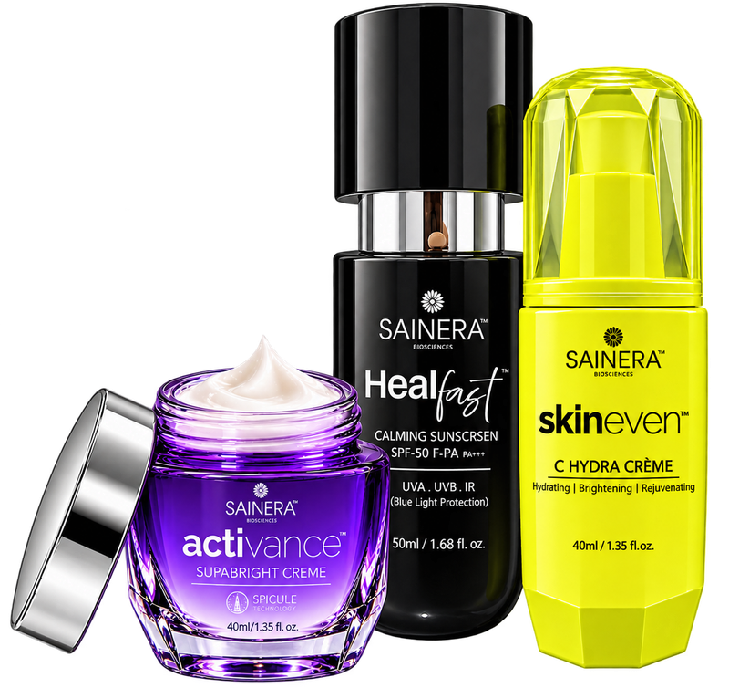 Sainera Activance Supabright Creme, Healfast Calming Sunscreen and Skineven C Hydra Creme