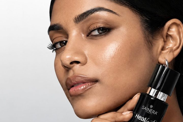 Woman with calm, comfortable skin holding a Healfast product
