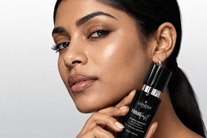Woman with healthy, glowing skin holding a Healfast product
