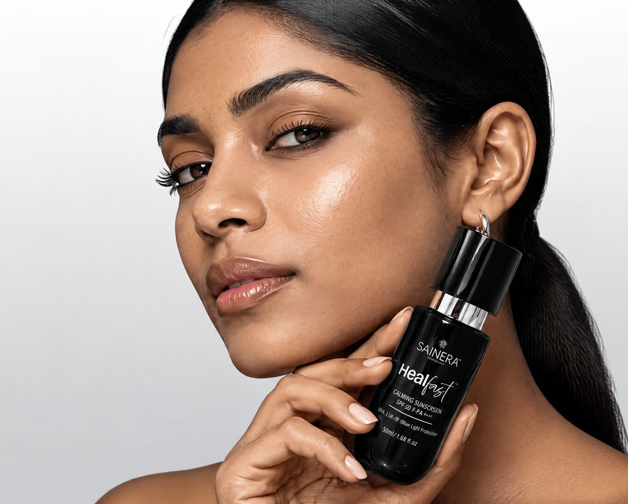 Model holding Sainera Healfast Calming Sunscreen SPF 80